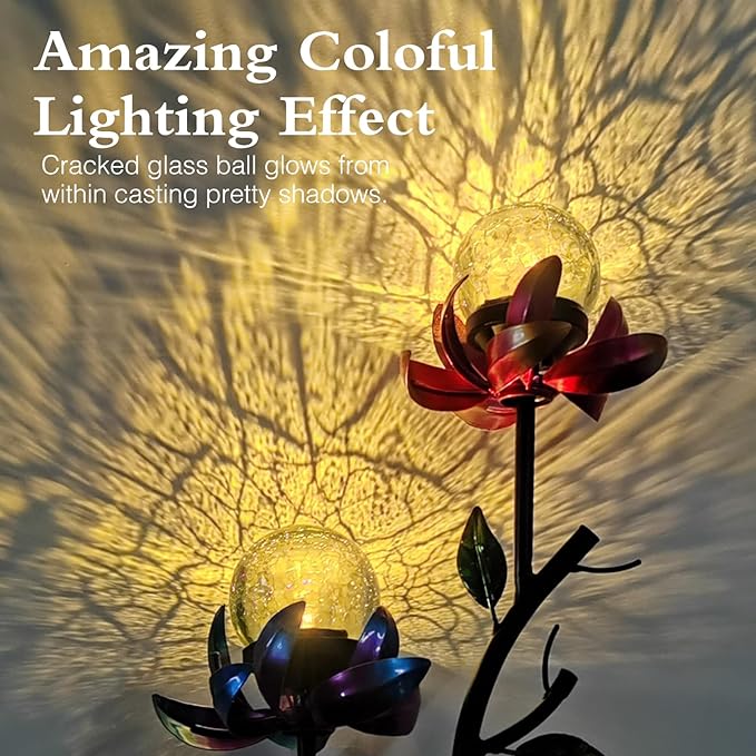 VCUTEKA Solar Garden Flowers with LED Light Crackle Glass Globe Solar Lights Outdoor Metal Stake Wind Spinner for Garden Decoration Patio Decor Yard Decor and Gift for Mother
