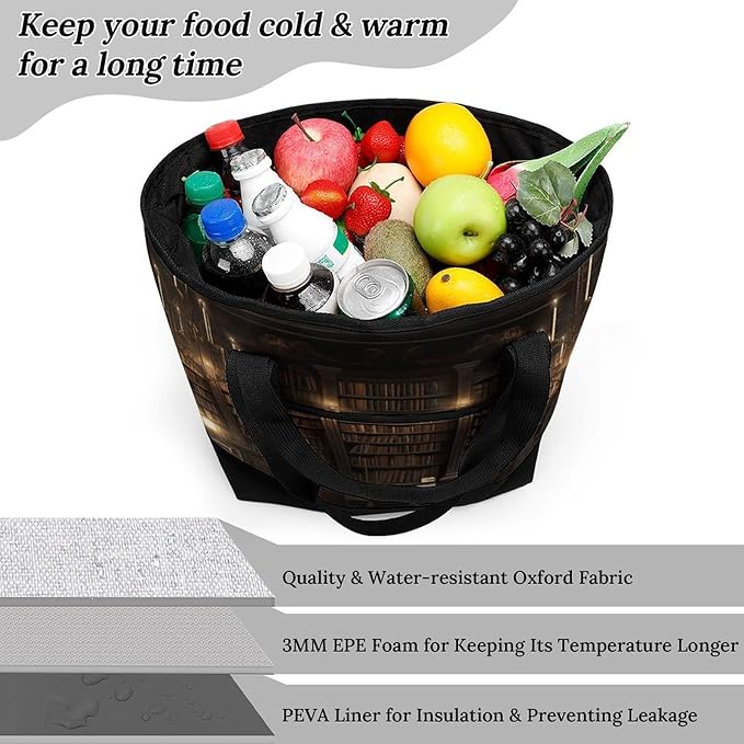 Insulated Shopping BagLarge Reusable Cooler Bags Book Room Mysterious Library Printed Foldable Shopping BagTravel Waterproof Shoulder Bag