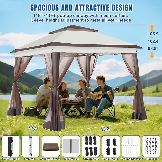 Yesker 10x10 Pop Up Canopy Tent w Mesh Netting Sidewall Vented Top - Heavy Duty Outdoor Canopy Easy Setup Shelter Gazebo Waterproof 10x10 Popup Tnets for Patio Backyard Parties &amp Events Khaki Br