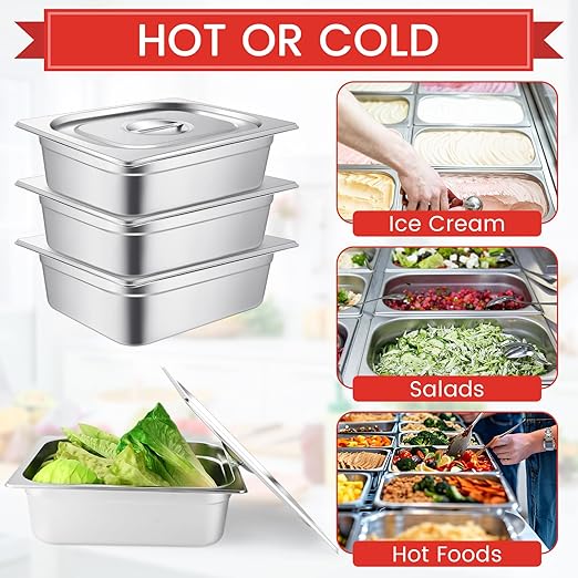 Thenshop 8 Set Stainless Steel Hotel Pans Steam Table Pan with Lids 4 inch 1/2 Half-Size Restaurant Pans Anti Steam Table Pan for Hotel Food Buffet Event Catering Supplies (Stylish)