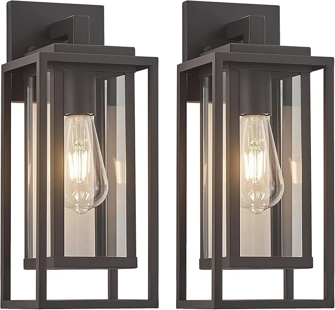 14 Outdoor Wall Light Fixtures Waterproofed Exterior Lantern W/Sturdy Rectangular Double Cage In Old Rust&ampClear Tempered GlassSconce Mounted For House PatioFront doorPorchYard Lighting 2Pack