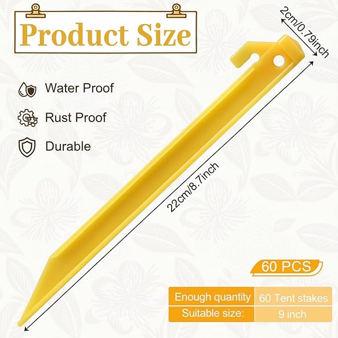 60 Pcs 9 Inch Plastic Tent Stakes Heavy Duty Beach Tent Pegs Sand Stakes Yard Inflatable Stake Awning Camping Caravan Pegs Accessory for Camping Outdoor and Garden Lawn Canopy Stake