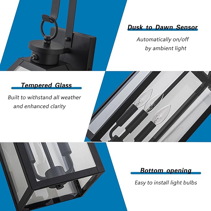 26 Dusk to Dawn Outdoor Wall Light with Sensor - Waterproof Exterior Wall Sconce for Porch Patio Garage Front Door Balcony Entry Modern Hardwired Lantern in Black Metal &amp Glass 3 Light - 2 P