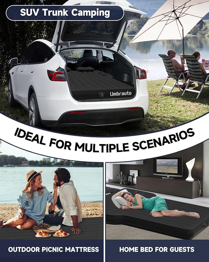 Umbrauto Custom Fit Air Mattress for Tesla Model Y/Juniper 2026 Upgraded Inflatable Camping Bed for Back Trunk Soft Flocking Surface+Reinforced Bottom Sleeping Pad w/Pump for Outdoor Travel
