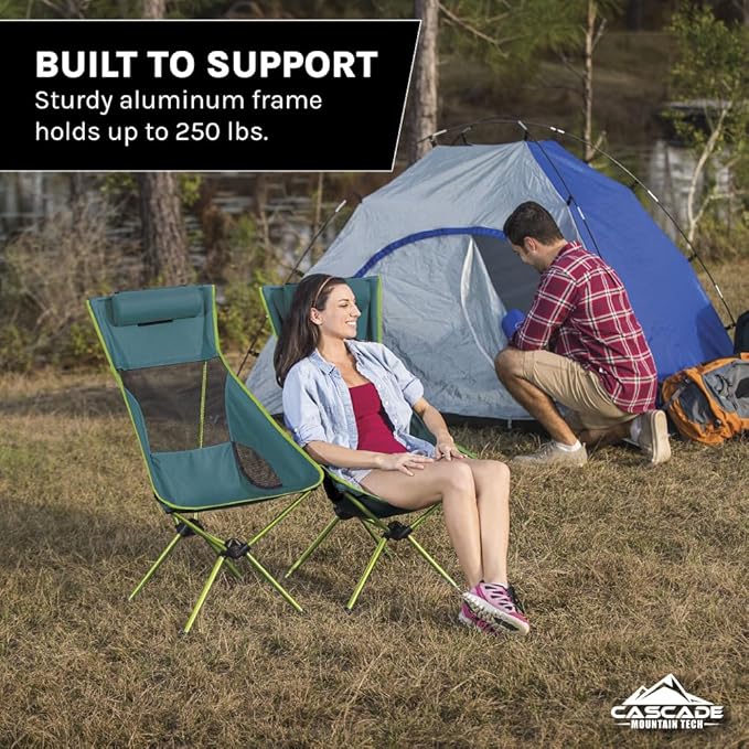 Cascade Mountain Tech Outdoor High Back Lightweight Camp Chair with Headrest and Carry Case - Green