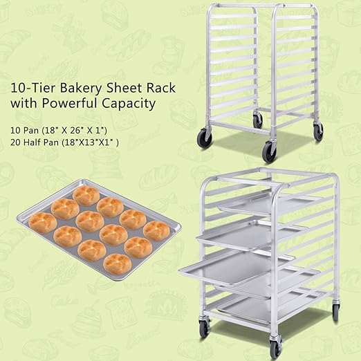 Giantex 10 Tier Aluminum Bakery Rack Commercial Kitchen Bun Pan Sheet Pan Rack Mobile Bakers Trolley with Storage Cooling Racks and Lockable Casters