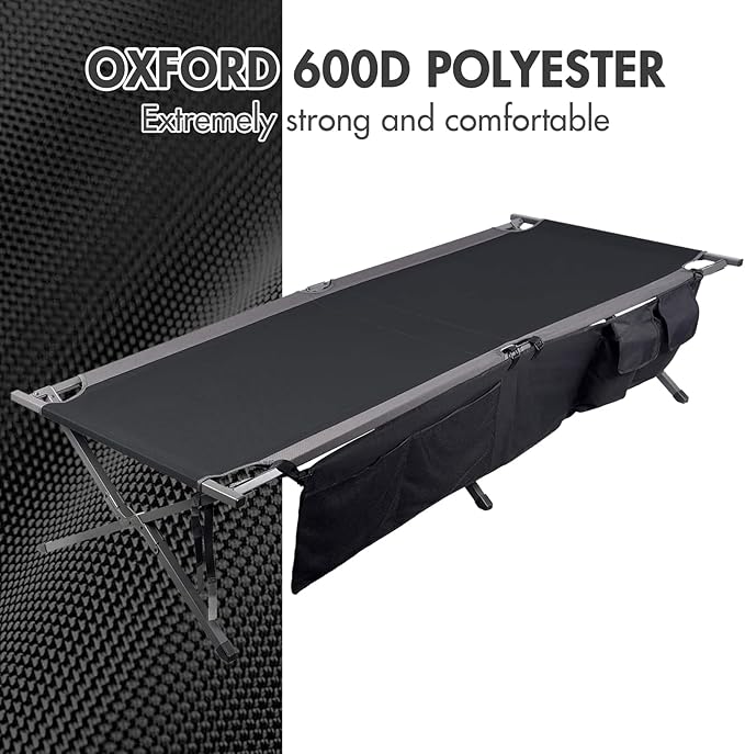 Portal Folding Portable Camping Cot Guest Bed with Carry Bag and Side Storage Organizer Camping Cots for Adults Sleeping Away Tent Sleeping Cot Bed Supports 300 LBS Black