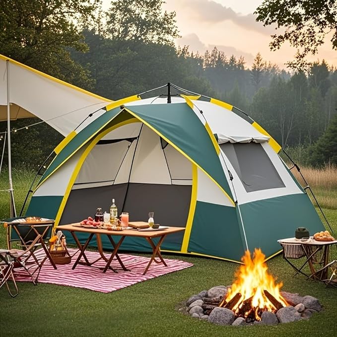 Automatic Instant Setup Camping Tent | All-Season with Dual Doors &amp Mesh Windows Windproof Lightweight Oxford Cloth Zipper Closure Fiber Brackets for Camping