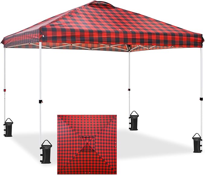 EAGLE PEAK Pop Up Canopy Tent with Wheeled Carry Bag 8 Stakes 4 Ropes 4 Weight Bags Easy Set Up Tent Canopy 10x10 ft 100sqft of Shade Red Plaid