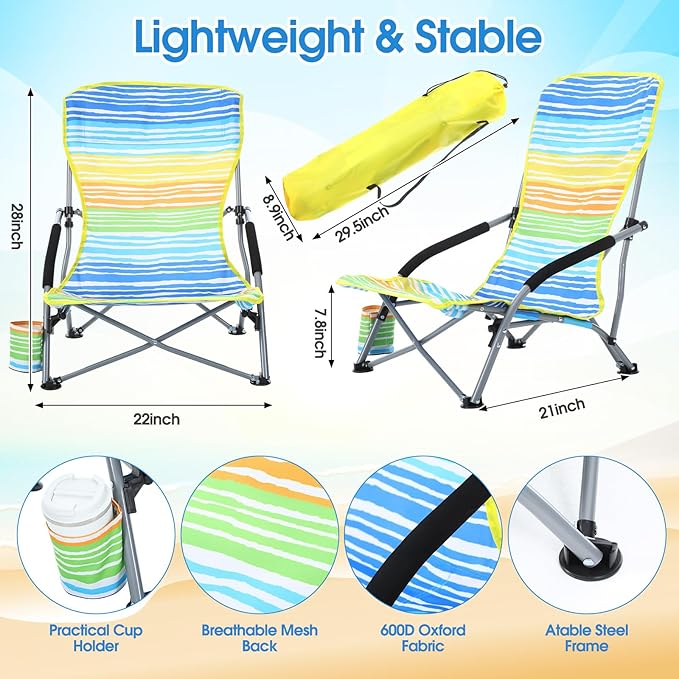 Huwena 2 Pack Beach Chair for Adult with 2 Umbrella Low Folding Chair Detachable Adjustable Lightweight with Armrests Cup Holder Carry Bag Portable for Sand Camping Travel Outdoor Pool (Multicolor)