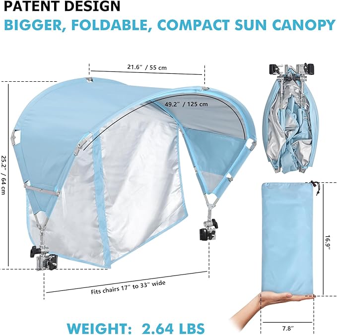 Universal Chair Umbrella Canopy UPF 50+ Sun Shade with Adjustable Clamp Fits Most Brands’ Beach Camping Lawn Tanning Zero Gravity Lounge &amp Fishing Chairs Patent Design