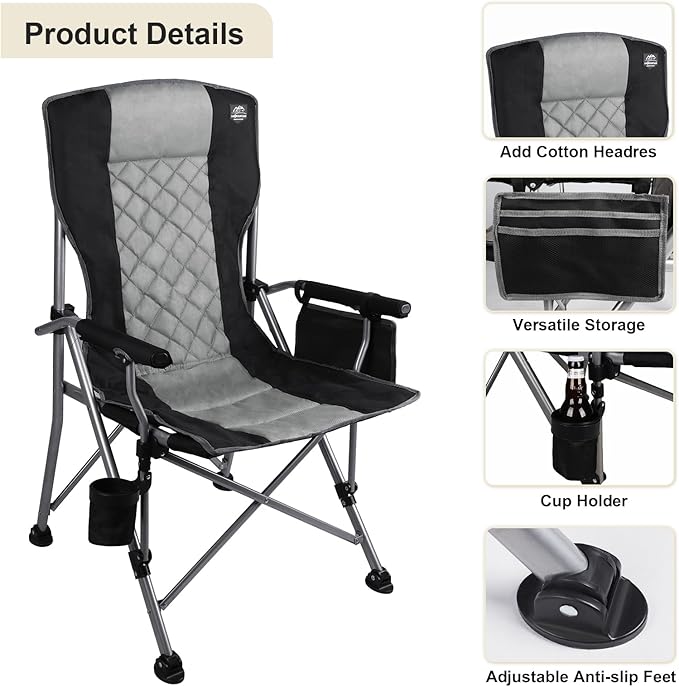 Folding Padded Camping Chair with Hard ArmrestCup HolderHeavy Duty for AdultsPaded BackrestPortable Lawn Lightweight Outdoor Camp ChairSupport up to 400lbs