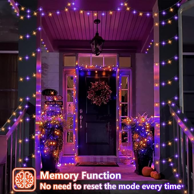 YEGUO Halloween Lights Battery Operated 2 Pack Each 33ft 100 LED Orange and Purple String Lights Outdoor Waterproof Green Wire Fairy Christmas Light Indoor with Remote
