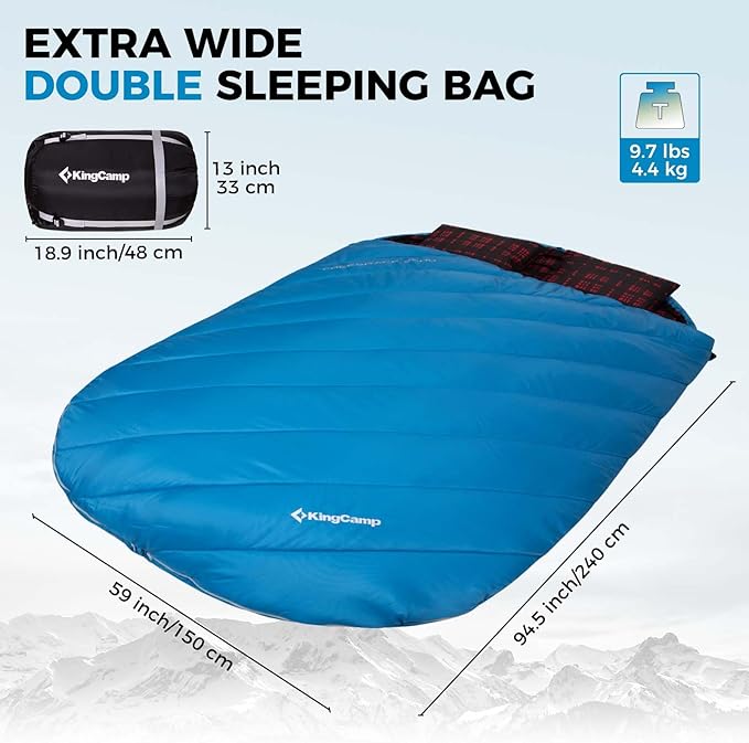 KingCamp Double Sleeping Bag for Adults Queen Size 2 Person XXL Flannel Sleeping Bag Waterproof Lightweight Flannel Quilt with 2 Pillows Perfect for Couples Family Camping Hiking