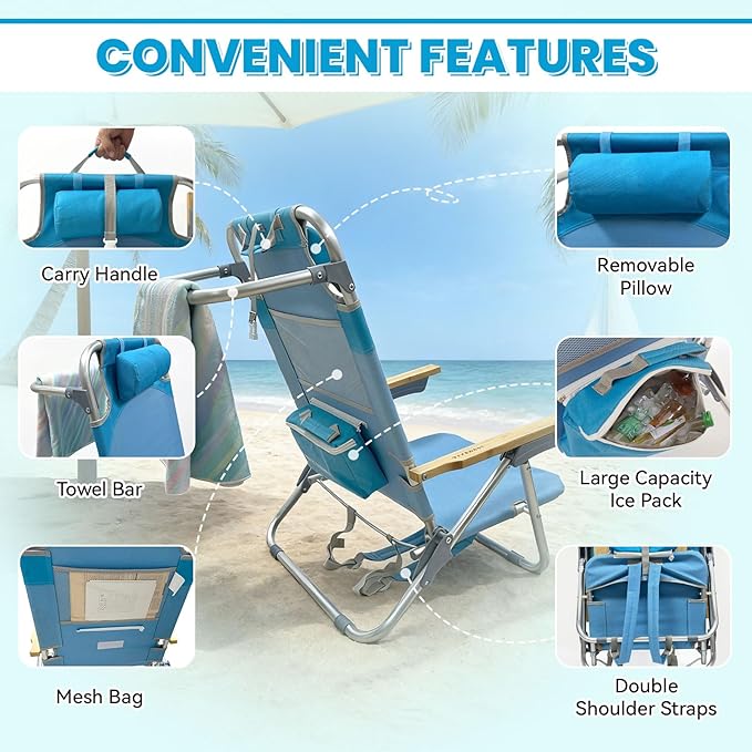 2 Pack Low Backpack Beach Chair with Folding Bamboo Table for Adults 5-Position Lay Flat Reclining Chair Lightweight with Cooler Bag Supports 265 lbs