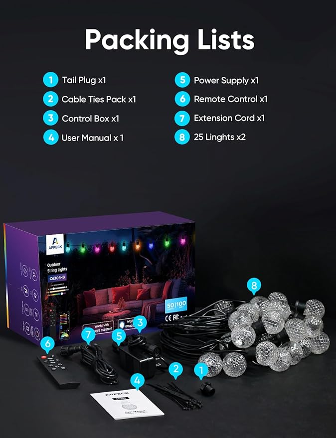 APPECK Outdoor String Lights 100ft RGBW Color Changing Patio Lights with 50 Dimmable LED Bulbs 111 Scene Modes IP65 Waterproof Lighting for Outside Party Backyard Pool Compatible with Alexa