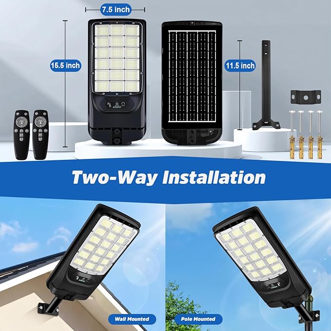 Solar Street Lights Outdoor 21000LM 6500K Motion Sensor Solar Lights Waterproof Dusk to Dawn Solar-Powered Flood Lights with Remote Commercial Area Lighting for Parking Lot Driveway Garage 2-Pack