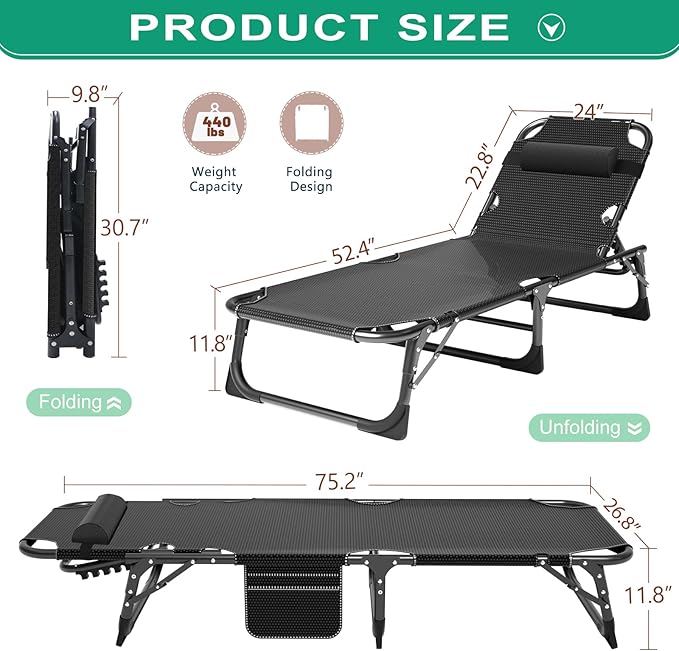 Barbella Folding Camping Cots Patio Lounge Chair with Mattress 4 Position Adjustable Folding Sleeping Bed Patio Chaise Lounge Chairs for Sunbathing Camping Pool Beach Patio