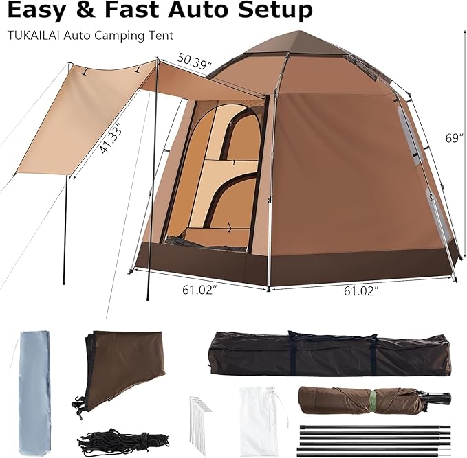 TUKAILAI Instant Camping Tent Hexagonal Design Automatic Dome Tent with 4 Mesh Windows and 1 Door Easy Setup Pop Up Tent with Vestibule &amp Rainfly