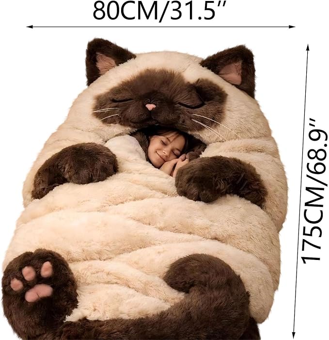 Fluffy Cat Sleeping Bag for Adults Plush Cat Shaped Sleeping Bag for Adults Adorable Cats Envelope Sleeping Bags Washable Warm Blanket for Camping and Home Lounging 68.9x31.5 Inch