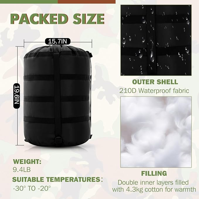Macarrie Army Modular Military Sleeping Bag System for Adults Camo Thickened Multi Layered MSS Mummy Shaped Sleeping Bag with Bivy Cover for Winter Camping Gear