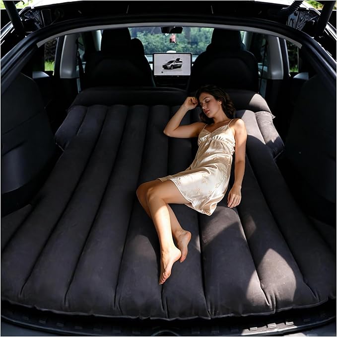 Car Air Mattress - Inflatable Camping Bed Compatible with Tesla Model Y Thickened Flocked AirBed for Trunk/Backseat/Sedan/SUV/RV Sleeping Pad for Camping Travel Outdoor Black