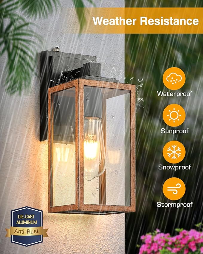 VIANIS 2 Packs Garage Light Outdoor Dusk to Dawn Outside Wall Lights Fixture for House Wood Grain Coach Lantern with Toughened Glass Farmhouse Sconce Wall Mount for Entryway Hallway Garage