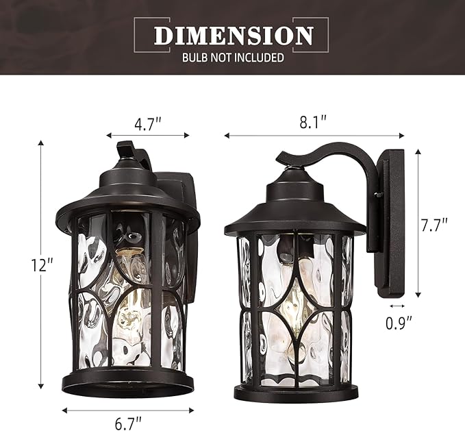 zeyu 12 Inch Outdoor Wall Lights 2 Pack Exterior Front Porch Light Die-Cast Aluminum Oil Rubbed Bronze Finish with Water Ripple Glass Glass ZX48BWG-2PK ORB