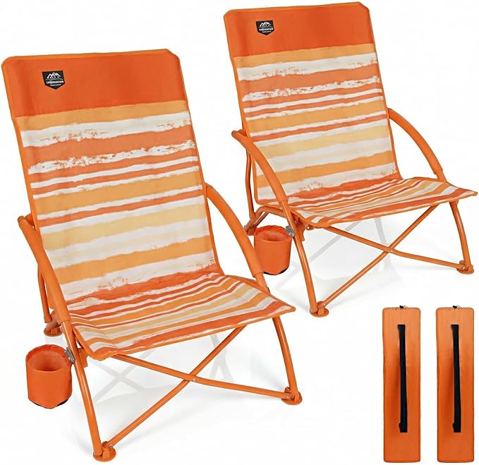 2 Pack Low Beach ChairFolding Recliner Camping Chair for AdultsLightweight Backpacking Low Seat Camping Chairs with Cup HolderCarry Bag for Outdoor Camp Picnic FestivalOrange Strip