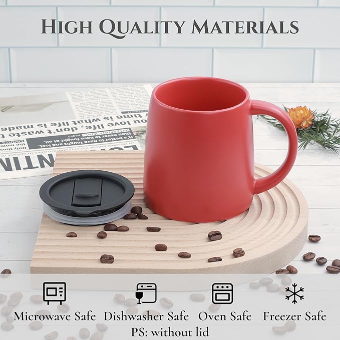 Classic Mug 14 oz Large Coffee Mug with Handle Ceramic Porcelain Tea Cup Smooth Matte (Sliding Lid Set of 2 Red and Navy Blue)