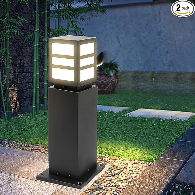 2Pack Landscape Path Lights 24 IP65 Waterproof Bollard Lights Heavy Duty Steel Stable Widened Base E27 Lamp Holder Modern Outdoor Path Lights Bollard for Lawn Patio Courtyard Driveway Oblong