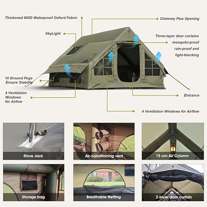 Inflatable Camping Tents 8-10 Person129 Square Feets Large Inflatable Camping Tent with Stove JackBlow up Tent with Mesh Windows &amp Pump