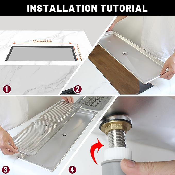 Stainless Steel Drip Tray Flush Mount Beer Drip Tray with Drain For Home Kitchen Hotel Cafe Restaurant Beverage Shops (25.5x8.5 inch silver)