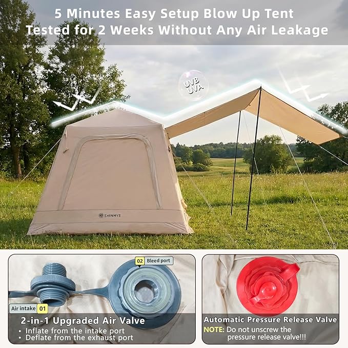 Inflatable Tent for Camping Blow Up Waterproof Oxford Cabin Tents with Hand Pump Easy Setup 4 Season Air Tent Luxury Outdoor Glamping Windproof Tents 2-4 Person