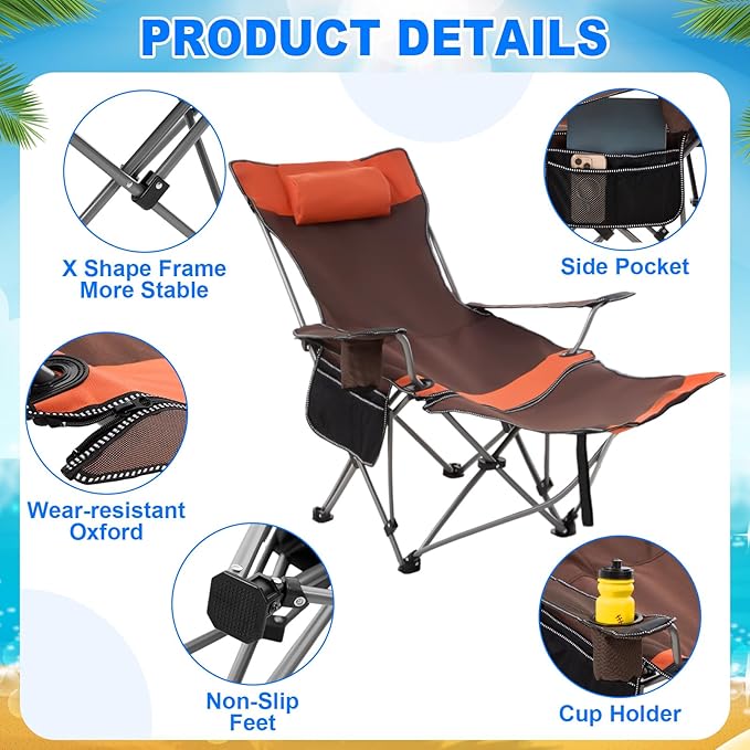 2 Set Reclining Camping Chair with Umbrella Clamp Adjustable Beach Chair with Foot Rest SPF 50+ Folding Shade Camping Lounger Recliner for Adult Outdoor(OrangeGreenOxford)