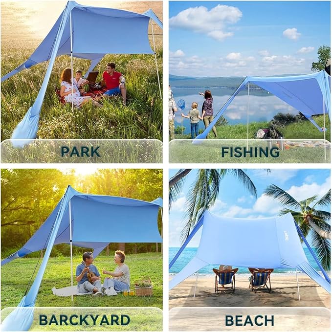 FBSPORT Beach Tent Sun Shelter Portable Beach Shade Canopy UPF50+ with Sandbags for Outdoor Family Camping Fishing Backyard Fun Picnic 7 x 7ft