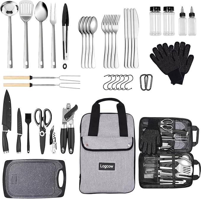 Camping Kitchen Utensil Set Outdoor Cooking Set Accessories Camping Cookware Kit for Travel RVs BBQs Stainless Steel Portable Camping Essentials Cooking Knife Set