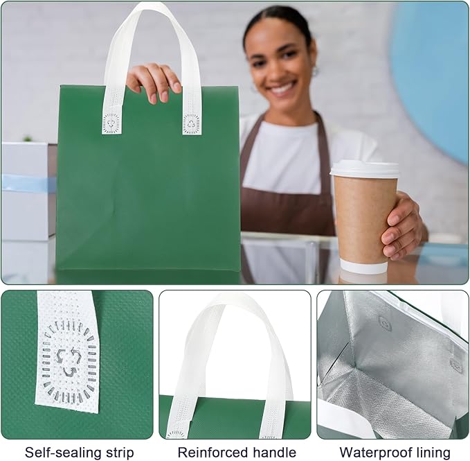 300 Pack Insulated Bags Bulk for Food Delivery 9.5 x 9.5 x 6 Thermal Take Away Bag for Hot Cold Food Coffee Milk Pizza Seafood Disposable Grocery Bag for Catering Restaurant(Dark Green)
