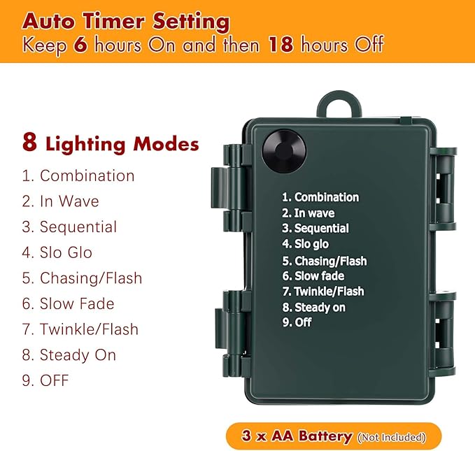 Brightever C9 Battery Christmas Lights 35FT 50LED Christmas Tree Lights Indoor with Timer &amp 8 Lighting Modes Waterproof Battery String Light for Party Wedding X-mas Decoration Warm White 1-Pac
