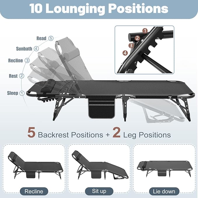 Slsy Sleeping Cots for Adults 5-Position Folding Chaise Lounge Chairs Outdoor Portable Folding Bed Cot Lounge Chair for Beach Lawn Camping Pool Sun Tanning
