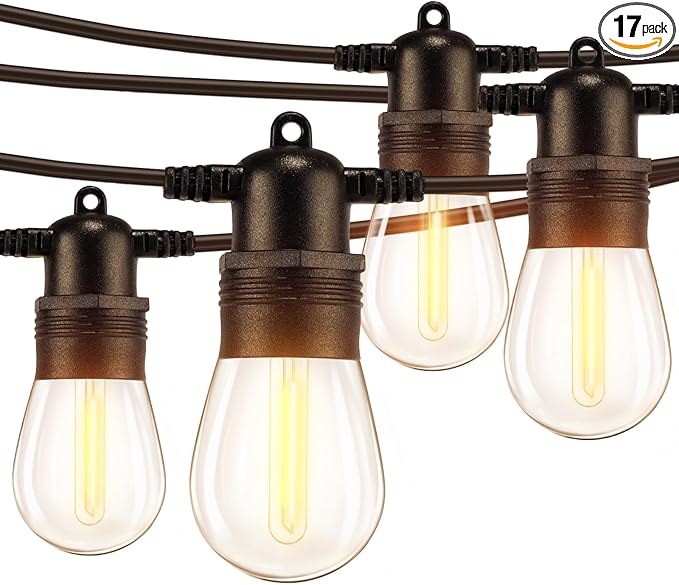Ollny Outdoor String Lights 50 FT Waterproof Connectable Patio Lights with 15 Shatterproof Bulbs(2 Spare) Outside Hanging Light for Balcony Porch Yard Garden Backyard