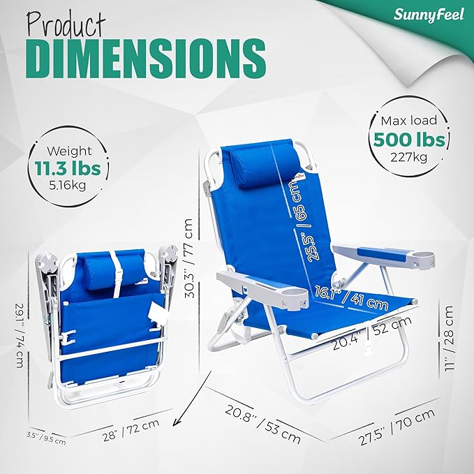 SUNNYFEEL Extra Wide 28 Low Beach Chair 5 Position Lay Flat XL Oversized Portable Folding Camping Chairs with Cup Holder for Outdoor/Trip Lightweight Foldable Backpack Beach Chair for Adults