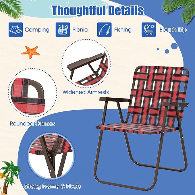 Giantex 6-Pack Lightweight Folding Camping Chairs 330 LBS Beach Chairs with Armrests No Assembly Needed Portable Webbed Lawn Chair for Picnic Fishing Patio Yard Outdoor Events Red