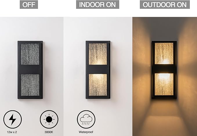 Modern Outdoor Lights Fixture Led Wall Lights Indoor Black Exterior Wall Sconce for House with Seeded Glass 12W Outside Front Porch Light Outdoor Wall Mount Patio Lights for Garage Yard