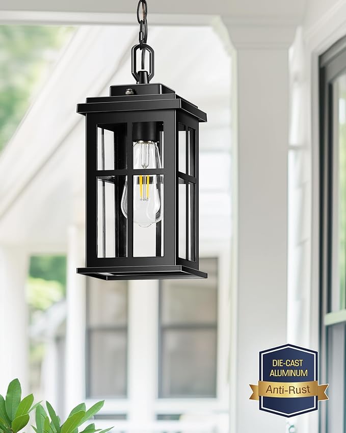 Black Dusk to Dawn Outdoor Pendant Light Modern Hanging Light Fixture with Tempered Glass Waterproof Exterior Ceiling Lights for Patio Porch House Anti-Rust Aluminum Adjustable Chain