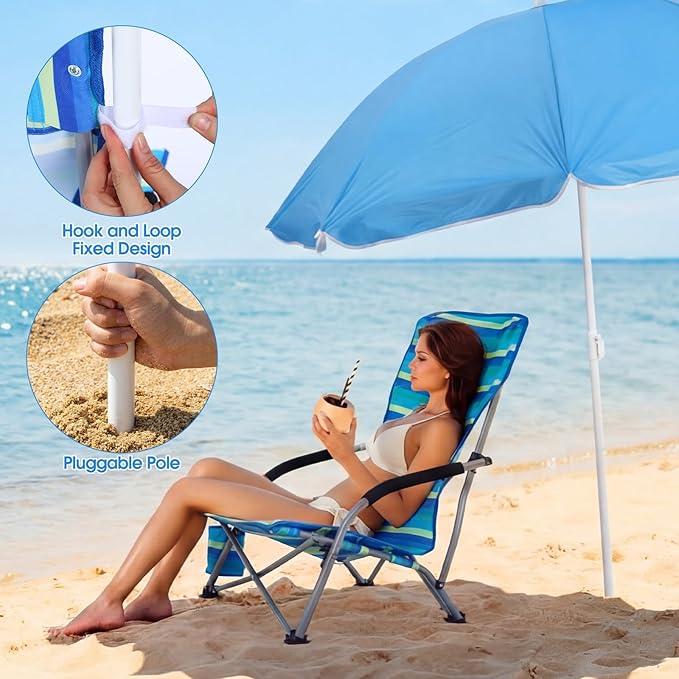 Huwena 2 Pack Beach Chair for Adult with 2 Umbrella Low Folding Chair Detachable Adjustable Lightweight with Armrests Cup Holder Carry Bag Portable for Sand Camping Travel Outdoor Pool(Yellow Green)