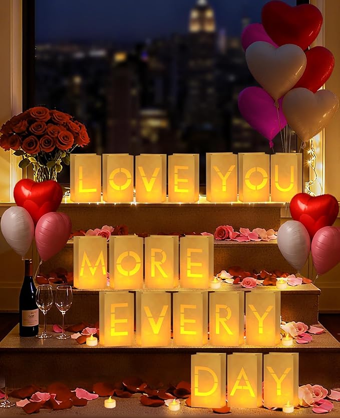 AceList Romantic Anniversary Decorations Set - Love You More Every Day 19 Pcs Luminary Bags with 40 LED Tea Lights 2000 Rose Petals &amp 6 Heart Balloons - Light Up Letters Kit for Proposal
