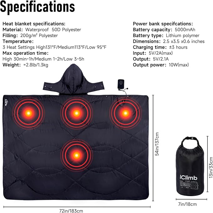iClimb Heated Camping Blanket with Hood and 5V 5000mAH Battery Pack (Black)