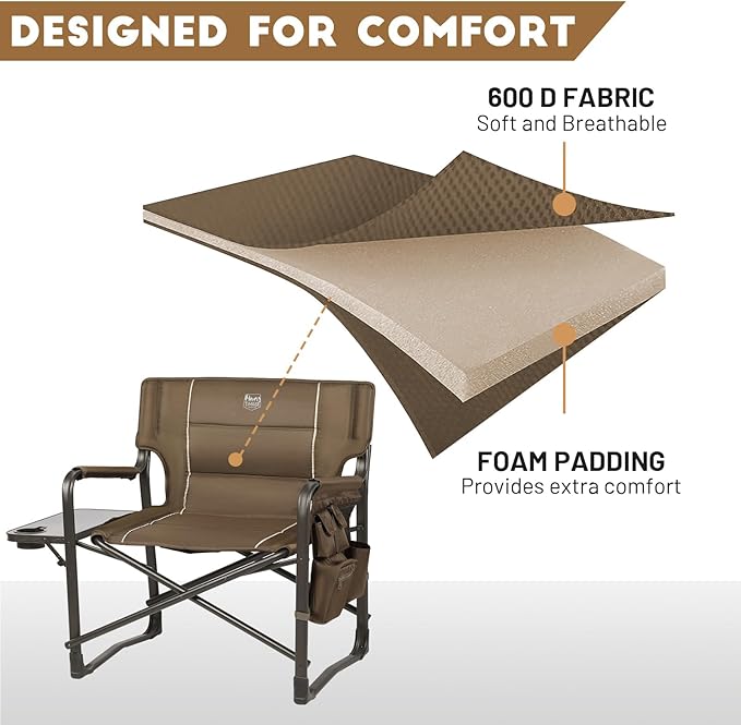 TIMBER RIDGE XXL Upgraded Oversized Directors Chairs with Foldable Side Table Detachable Side Pocket Heavy Duty Folding Camping Chair up to 600 Lbs Weight Capacity (Brown) Ideal Gift 2 Pack
