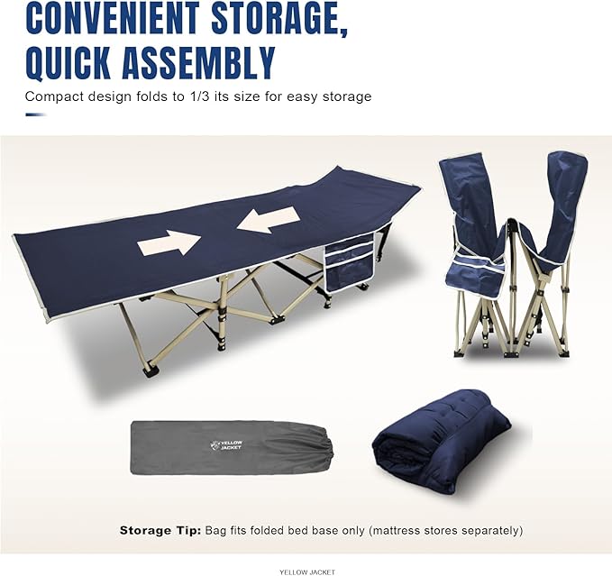 YELLOW JACKET Camping Cot with Mattress for Adults Folding Sleeping Cot 600lbs Max Load Portable Camping Cot with Carry Bag 28 Wide Cot for Camping HomeOfficeTravel (Blue)